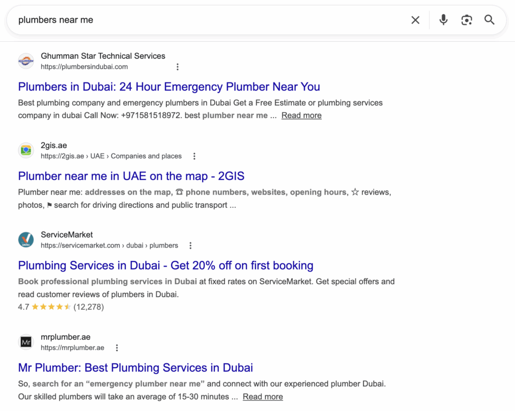 screenshot of met data for plumbers dubai