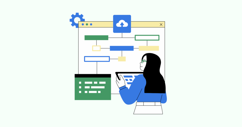 a vector photo of a girl looking through a graphic tables and windows
